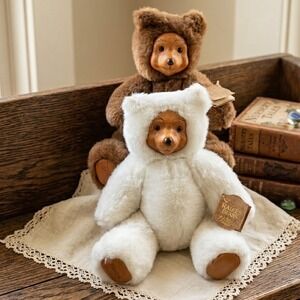 1988 Robert Raikes Wood Face Teddy Bear Set Brown and White Signed Vintage Plush